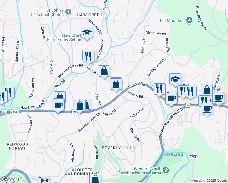 map of restaurants, bars, coffee shops, grocery stores, and more near 936 Tunnel Road in Asheville