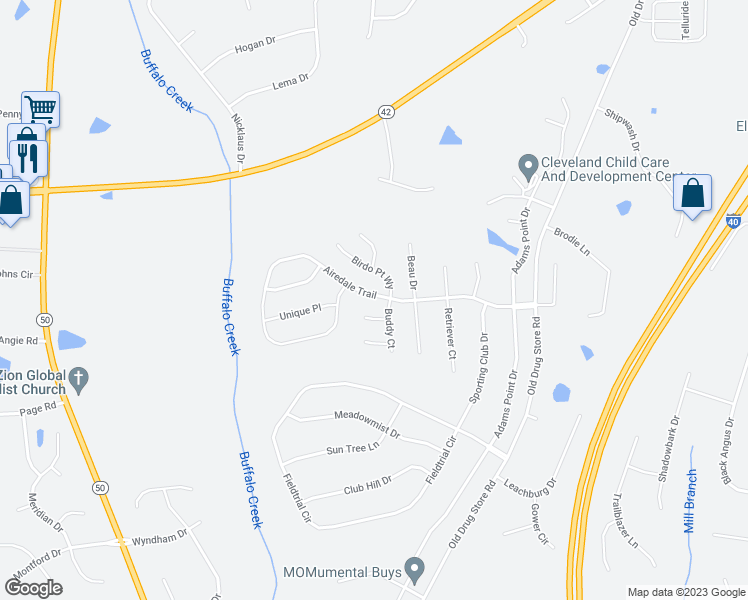 map of restaurants, bars, coffee shops, grocery stores, and more near 353 Airedale Trail in Garner