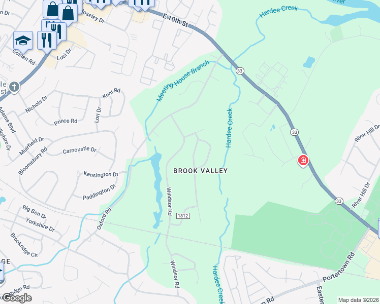 map of restaurants, bars, coffee shops, grocery stores, and more near 206 Churchill Dr in Greenville