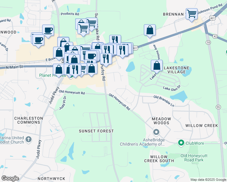 map of restaurants, bars, coffee shops, grocery stores, and more near 400 Kilcornac Court in Fuquay Varina