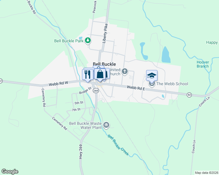 map of restaurants, bars, coffee shops, grocery stores, and more near 102 Webb Road in Bell Buckle