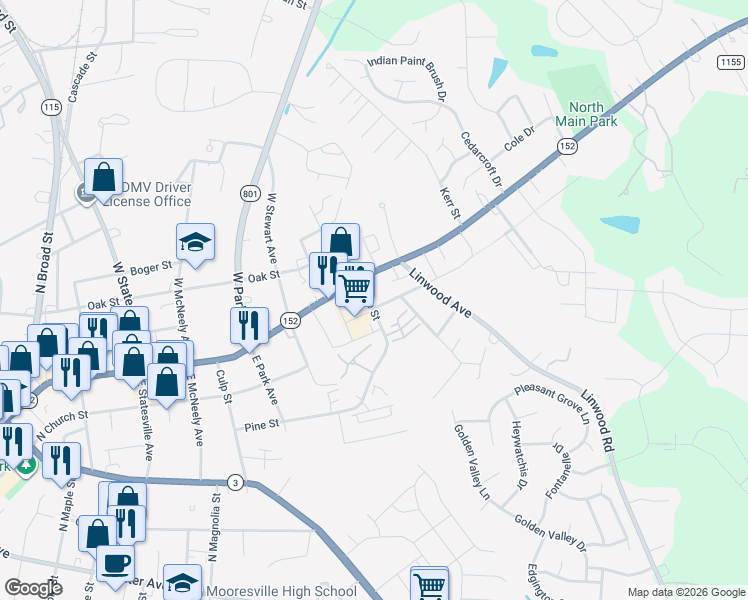 map of restaurants, bars, coffee shops, grocery stores, and more near 1201 Pine St in Mooresville
