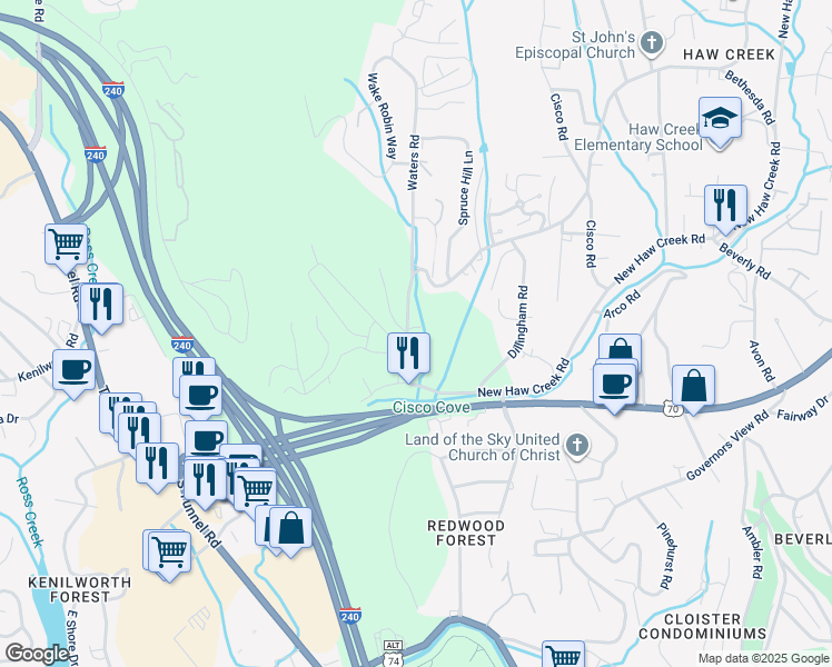 map of restaurants, bars, coffee shops, grocery stores, and more near 117 Old Haw Creek Road in Asheville