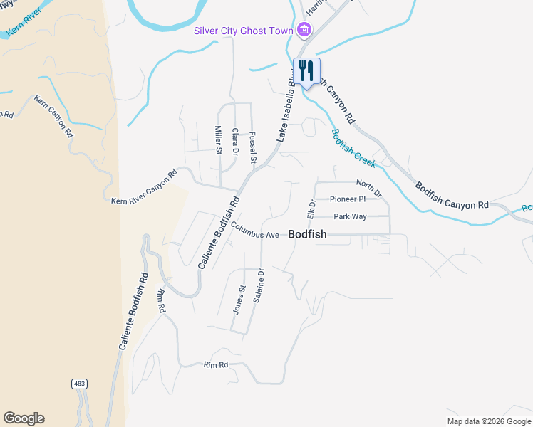 map of restaurants, bars, coffee shops, grocery stores, and more near 21 North Salaine Drive in Bodfish