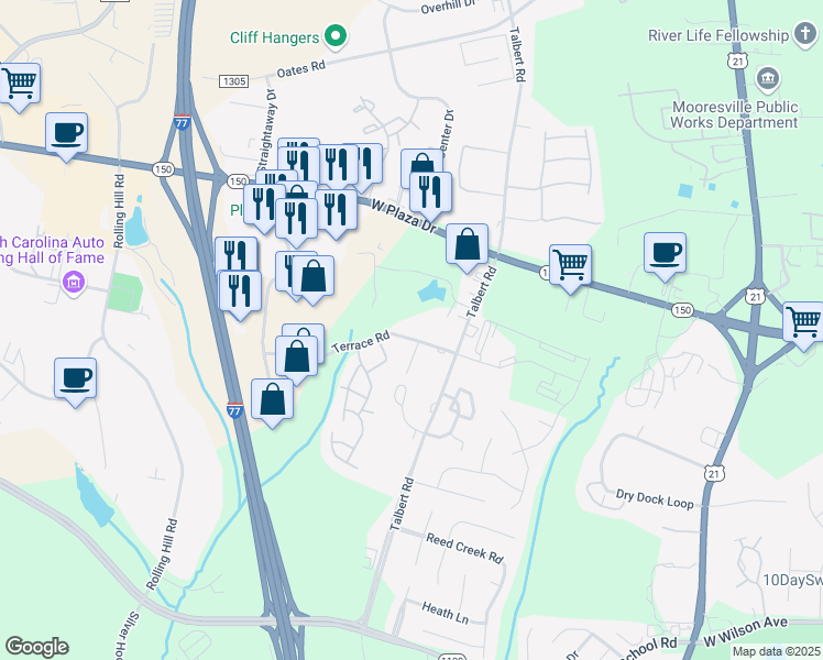 map of restaurants, bars, coffee shops, grocery stores, and more near 126 Terrace Road in Mooresville