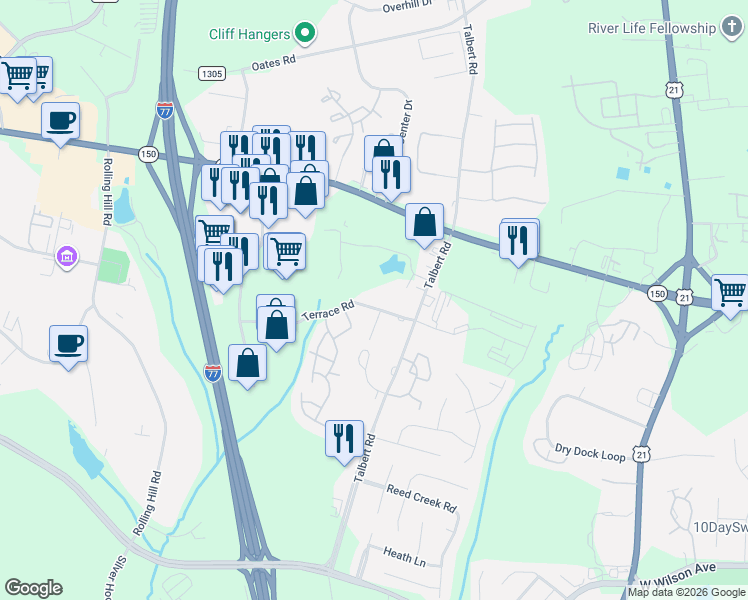 map of restaurants, bars, coffee shops, grocery stores, and more near 126 Terrace Road in Mooresville
