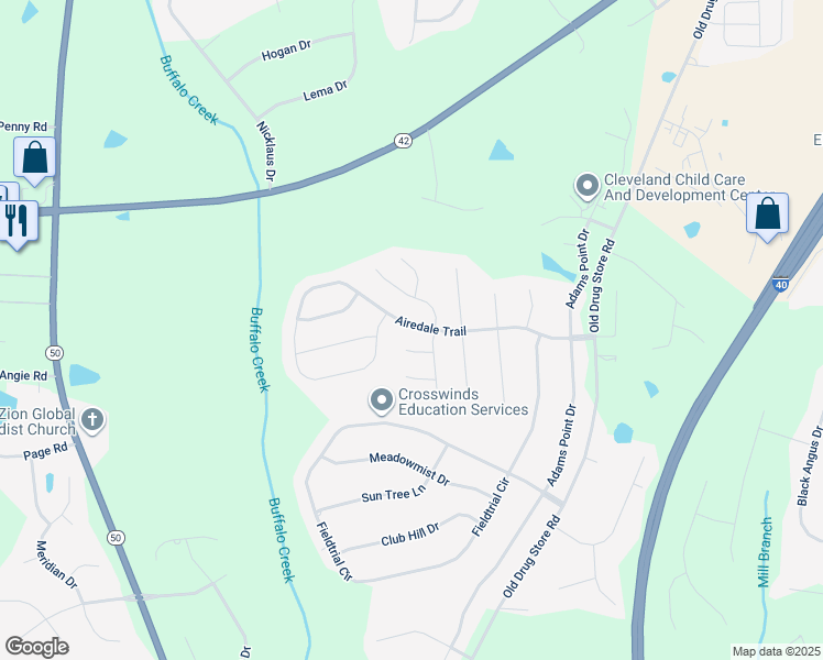 map of restaurants, bars, coffee shops, grocery stores, and more near 365 Airedale Trail in Garner