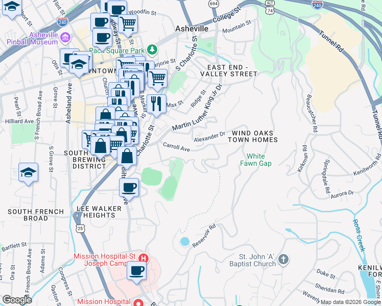 map of restaurants, bars, coffee shops, grocery stores, and more near 123 Carroll Avenue in Asheville