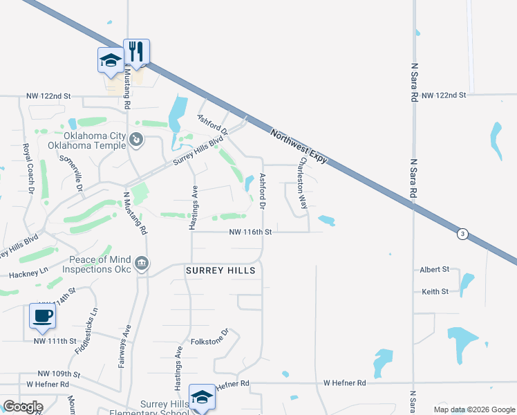 map of restaurants, bars, coffee shops, grocery stores, and more near 11801 Ashford Drive in Yukon