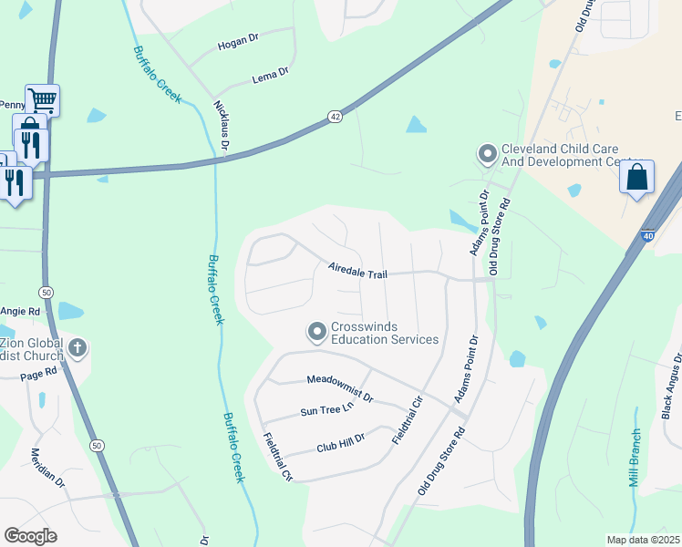 map of restaurants, bars, coffee shops, grocery stores, and more near 365 Airedale Trail in Garner