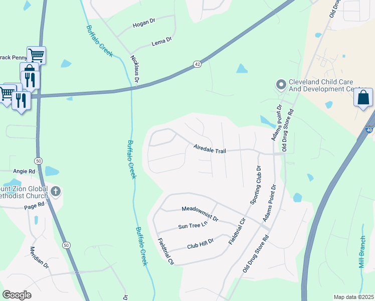 map of restaurants, bars, coffee shops, grocery stores, and more near 1158 Airedale Trail in Garner