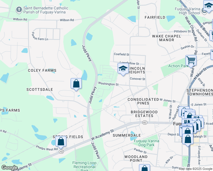 map of restaurants, bars, coffee shops, grocery stores, and more near 202 Coley Farm Road in Fuquay-Varina