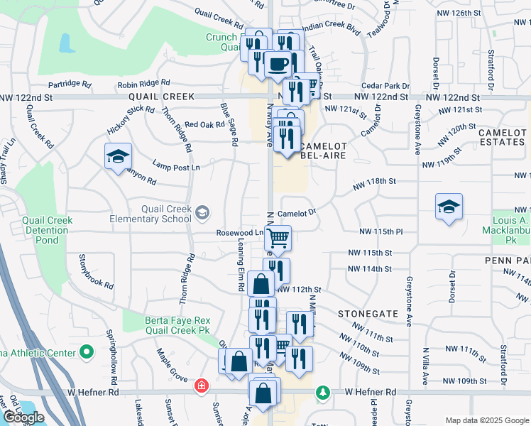 map of restaurants, bars, coffee shops, grocery stores, and more near 2901 Chestnut Ridge Court in Oklahoma City