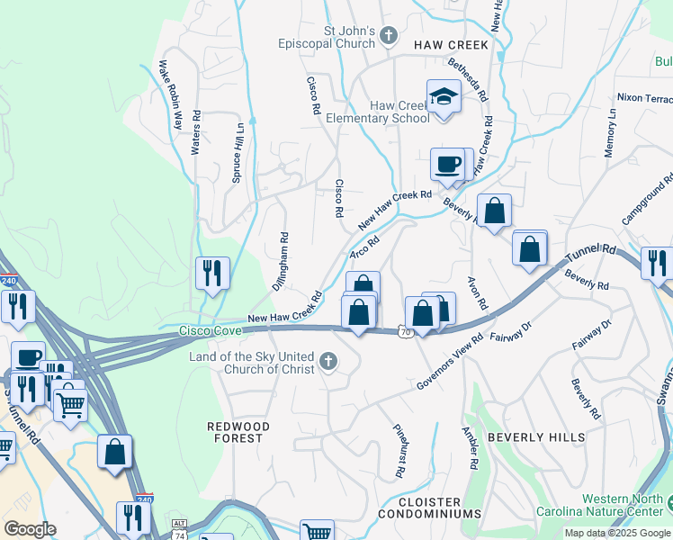 map of restaurants, bars, coffee shops, grocery stores, and more near 397 New Haw Creek Road in Asheville