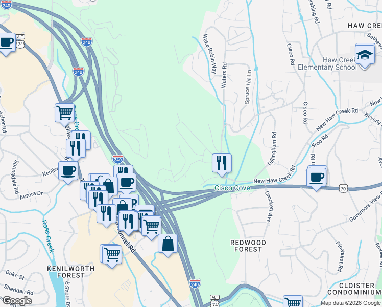 map of restaurants, bars, coffee shops, grocery stores, and more near 2 Stonebridge Drive in Asheville