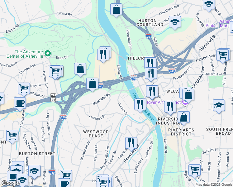 map of restaurants, bars, coffee shops, grocery stores, and more near 82-160 Craven Street in Asheville