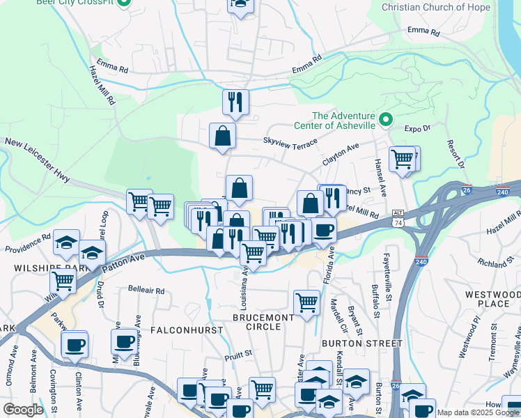 map of restaurants, bars, coffee shops, grocery stores, and more near 1001 Patton Ave in Asheville