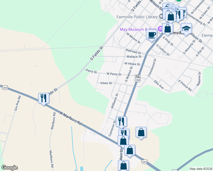 map of restaurants, bars, coffee shops, grocery stores, and more near 4415 W Vines St in Farmville