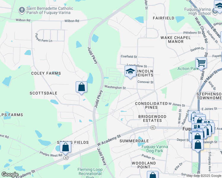 map of restaurants, bars, coffee shops, grocery stores, and more near 202 Coley Farm Road in Fuquay-Varina