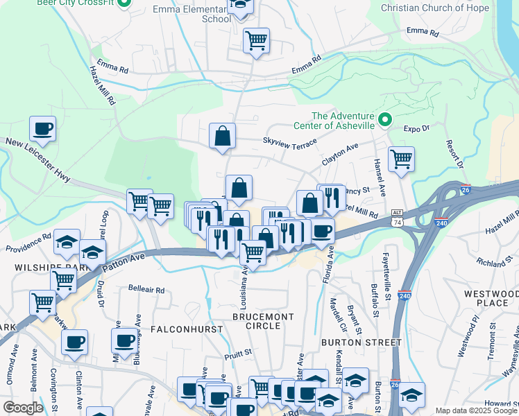 map of restaurants, bars, coffee shops, grocery stores, and more near 1001 Patton Avenue in Asheville