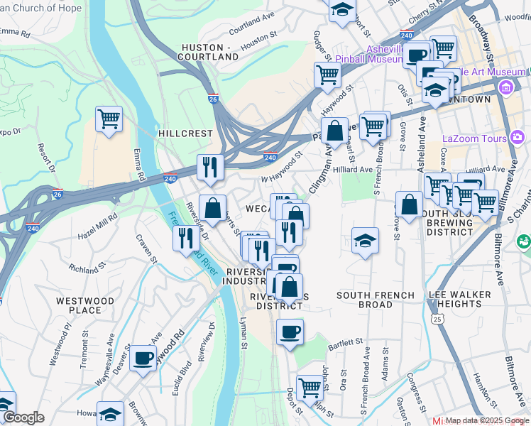 map of restaurants, bars, coffee shops, grocery stores, and more near 26 Park Avenue North in Asheville