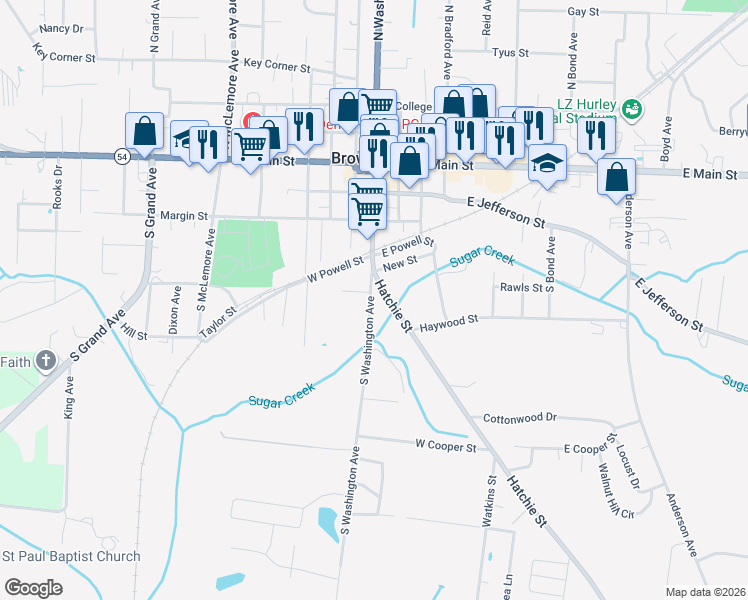 map of restaurants, bars, coffee shops, grocery stores, and more near 411 Hatchie Street in Brownsville