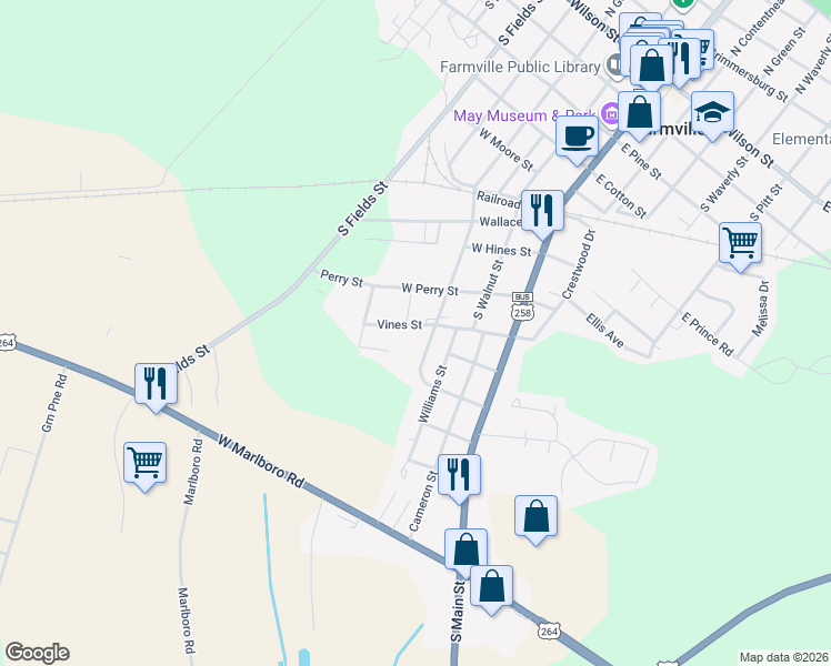 map of restaurants, bars, coffee shops, grocery stores, and more near 4415 W Vines St in Farmville