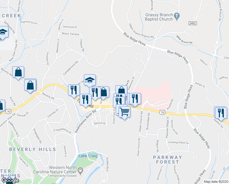 map of restaurants, bars, coffee shops, grocery stores, and more near 57 Craig Circle in Asheville