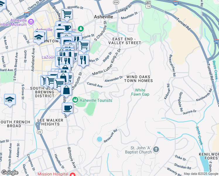 map of restaurants, bars, coffee shops, grocery stores, and more near 147 Carroll Avenue in Asheville