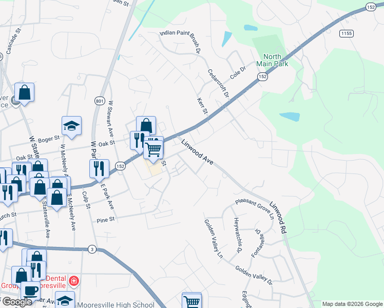 map of restaurants, bars, coffee shops, grocery stores, and more near 128 Linwood Road in Mooresville