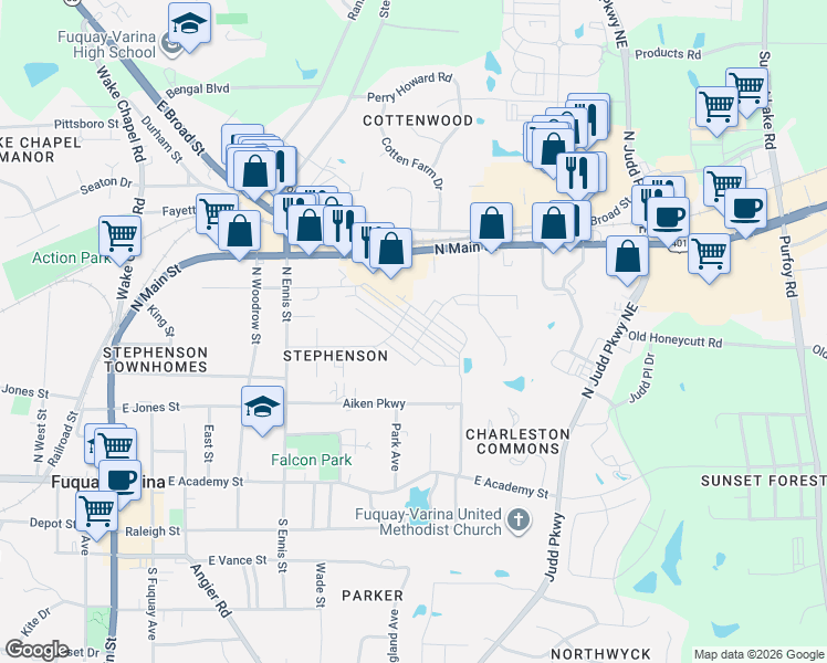 map of restaurants, bars, coffee shops, grocery stores, and more near 910 North Main Street in Fuquay-Varina