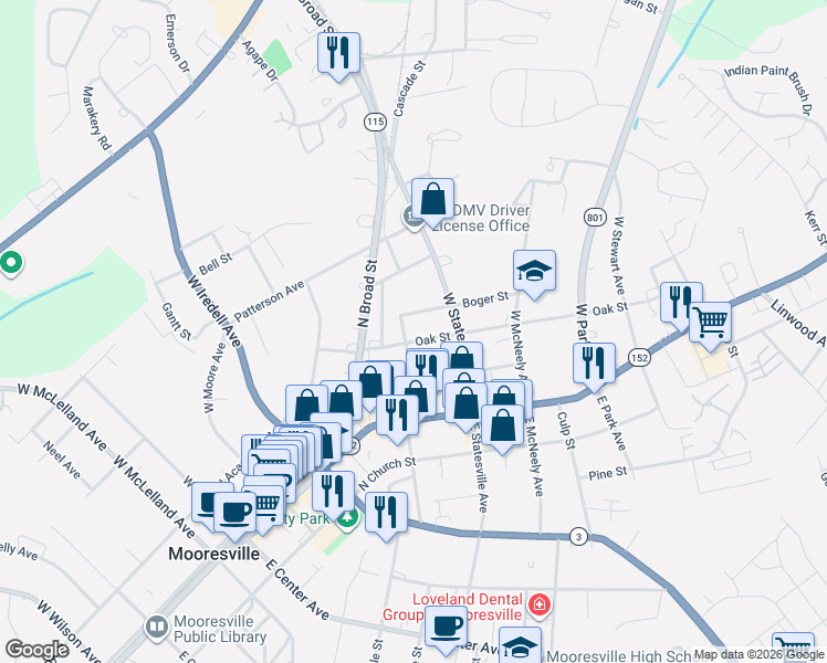 map of restaurants, bars, coffee shops, grocery stores, and more near 504 Oak Street in Mooresville