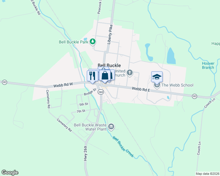 map of restaurants, bars, coffee shops, grocery stores, and more near 102 Webb Road in Bell Buckle