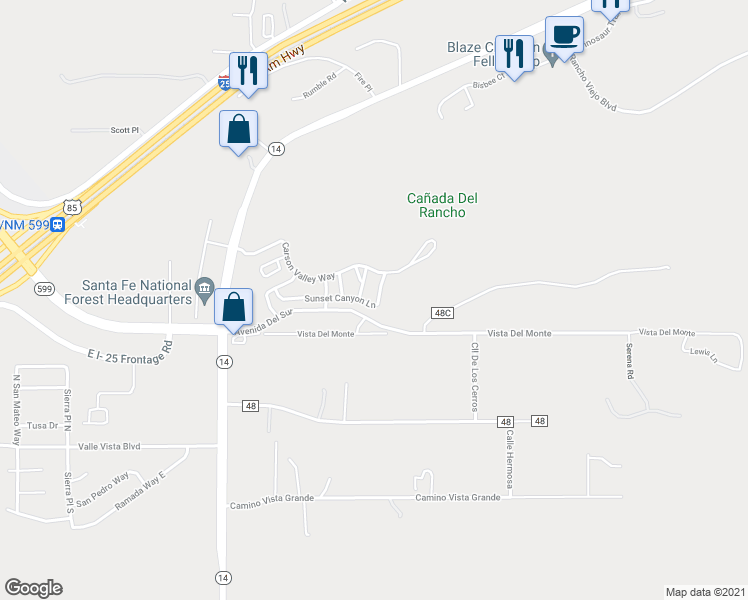 map of restaurants, bars, coffee shops, grocery stores, and more near 71 Sunset Canyon Lane in Santa Fe