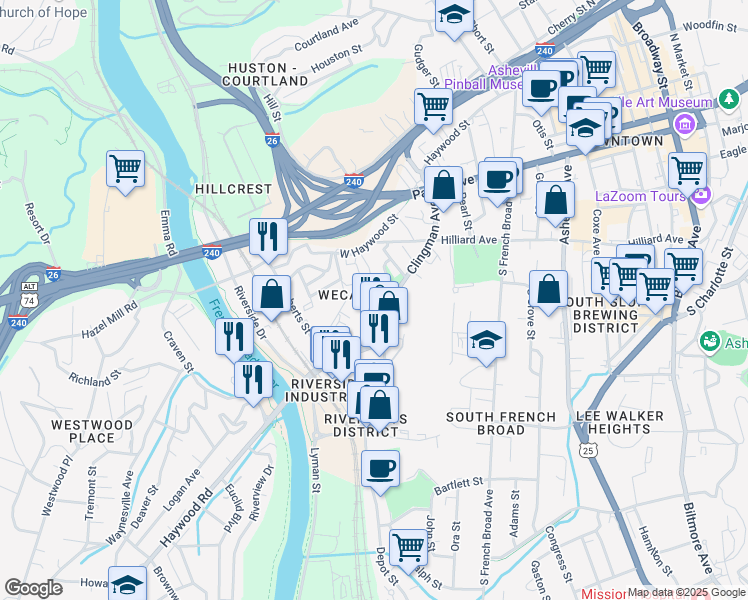 map of restaurants, bars, coffee shops, grocery stores, and more near 36 Jefferson Drive in Asheville