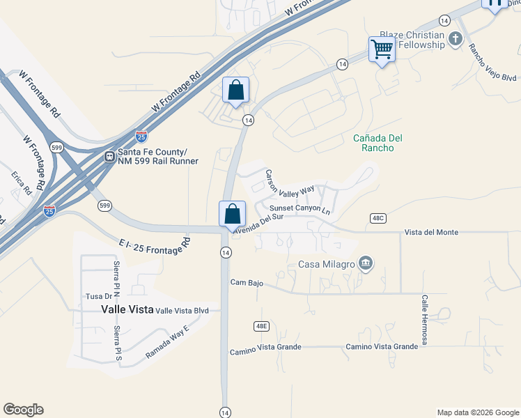 map of restaurants, bars, coffee shops, grocery stores, and more near 6 Sunset Canyon Lane in Santa Fe