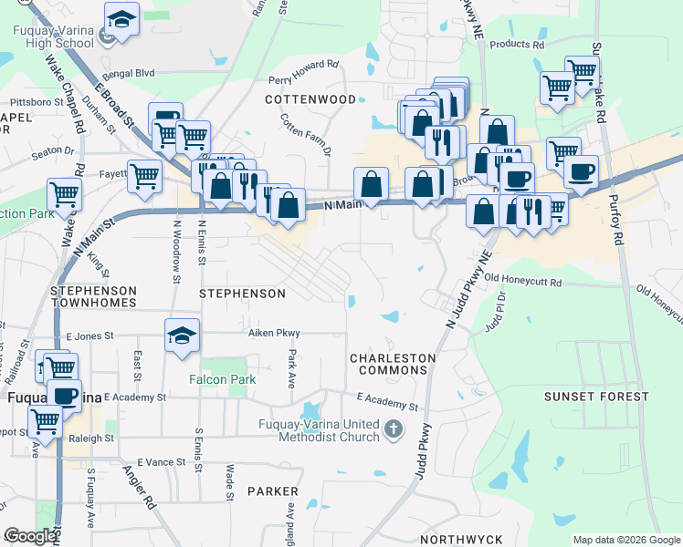 map of restaurants, bars, coffee shops, grocery stores, and more near 100 Quail Hill Street in Fuquay-Varina