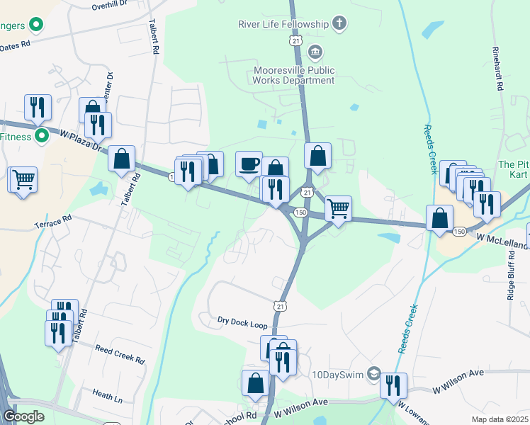 map of restaurants, bars, coffee shops, grocery stores, and more near 170 Commons Drive in Mooresville