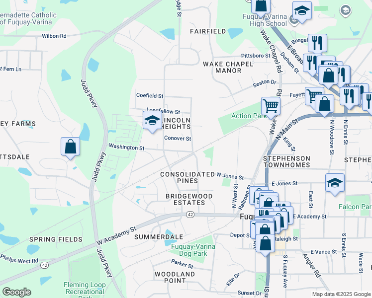 map of restaurants, bars, coffee shops, grocery stores, and more near 414 Washington Street in Fuquay-Varina