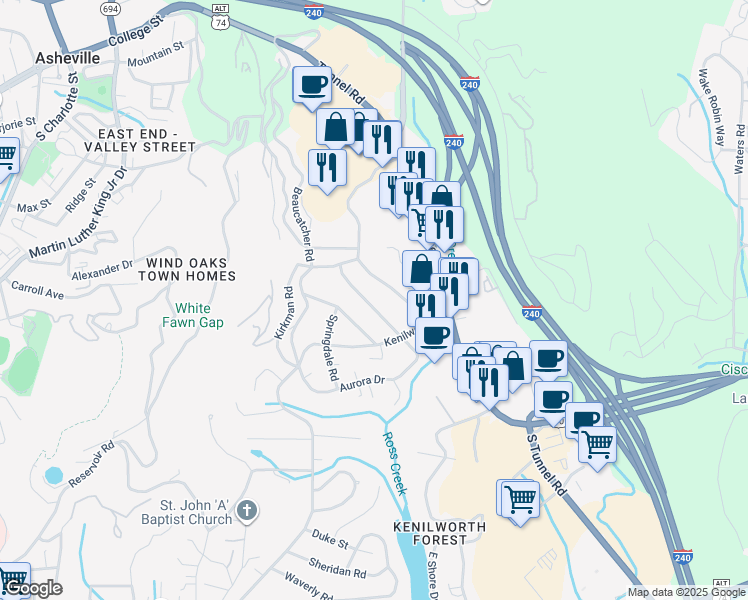map of restaurants, bars, coffee shops, grocery stores, and more near 209 Aurora Drive in Asheville