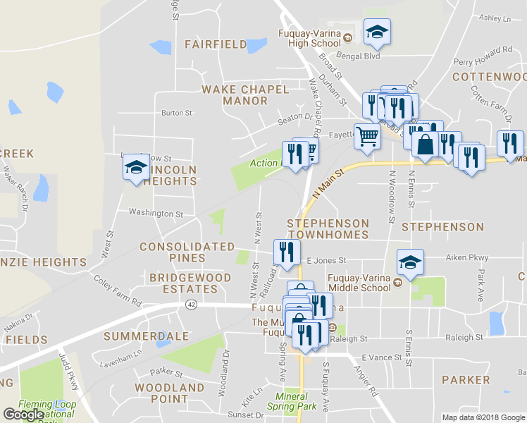 map of restaurants, bars, coffee shops, grocery stores, and more near 200 North West Street in Fuquay Varina