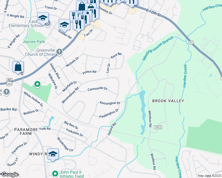 map of restaurants, bars, coffee shops, grocery stores, and more near 701 Carnoustie Drive in Greenville