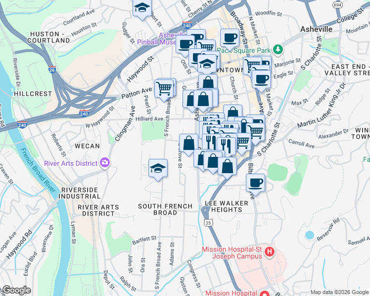 map of restaurants, bars, coffee shops, grocery stores, and more near 147 Asheland Avenue in Asheville
