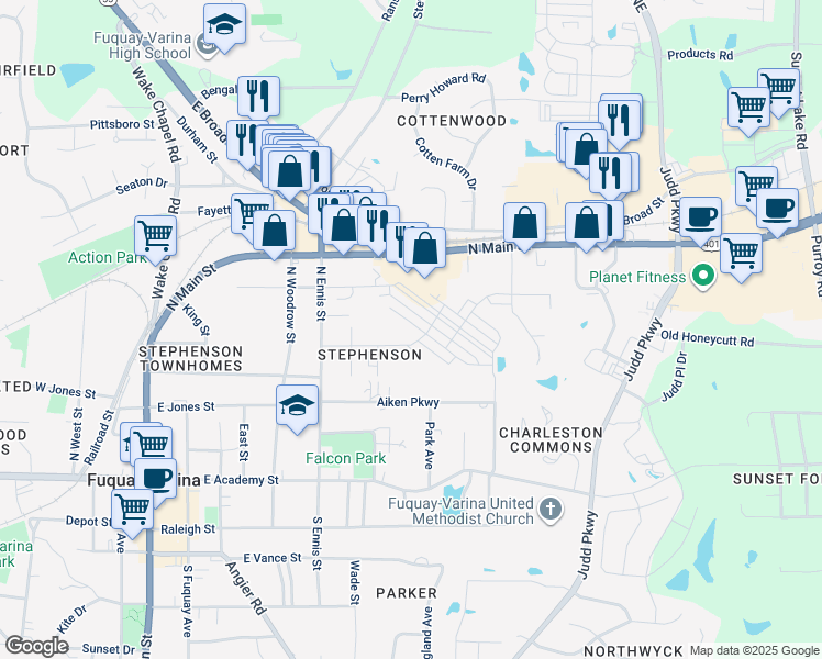 map of restaurants, bars, coffee shops, grocery stores, and more near 709 Oak Street in Fuquay-Varina