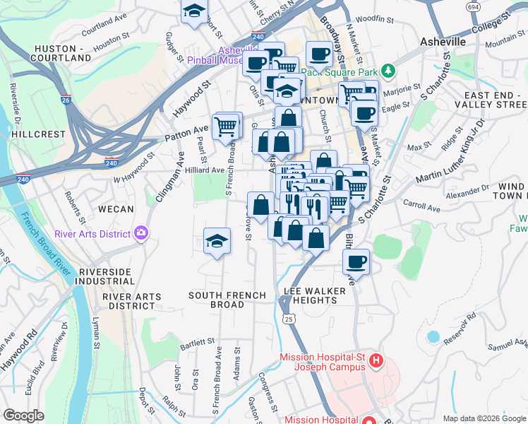 map of restaurants, bars, coffee shops, grocery stores, and more near 147 Asheland Avenue in Asheville