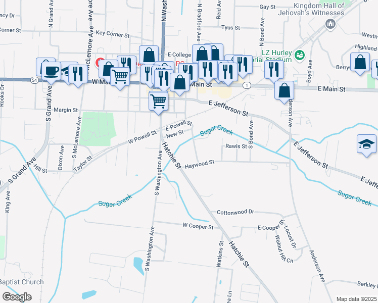 map of restaurants, bars, coffee shops, grocery stores, and more near 102 East Powell Street in Brownsville