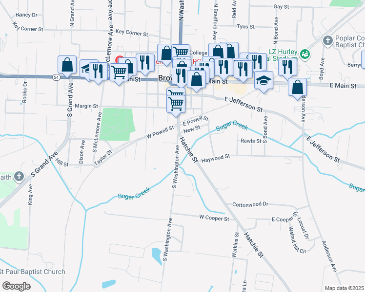 map of restaurants, bars, coffee shops, grocery stores, and more near 411 Hatchie Street in Brownsville