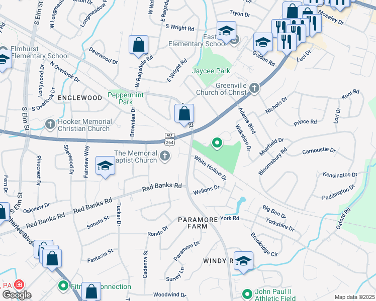 map of restaurants, bars, coffee shops, grocery stores, and more near 103 Thistle Down Court in Greenville