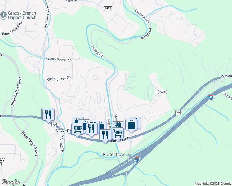 map of restaurants, bars, coffee shops, grocery stores, and more near 99999 Upper Moffitt Road in Asheville