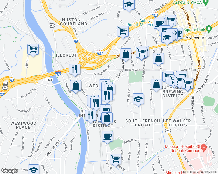 map of restaurants, bars, coffee shops, grocery stores, and more near 36 Jefferson Drive in Asheville